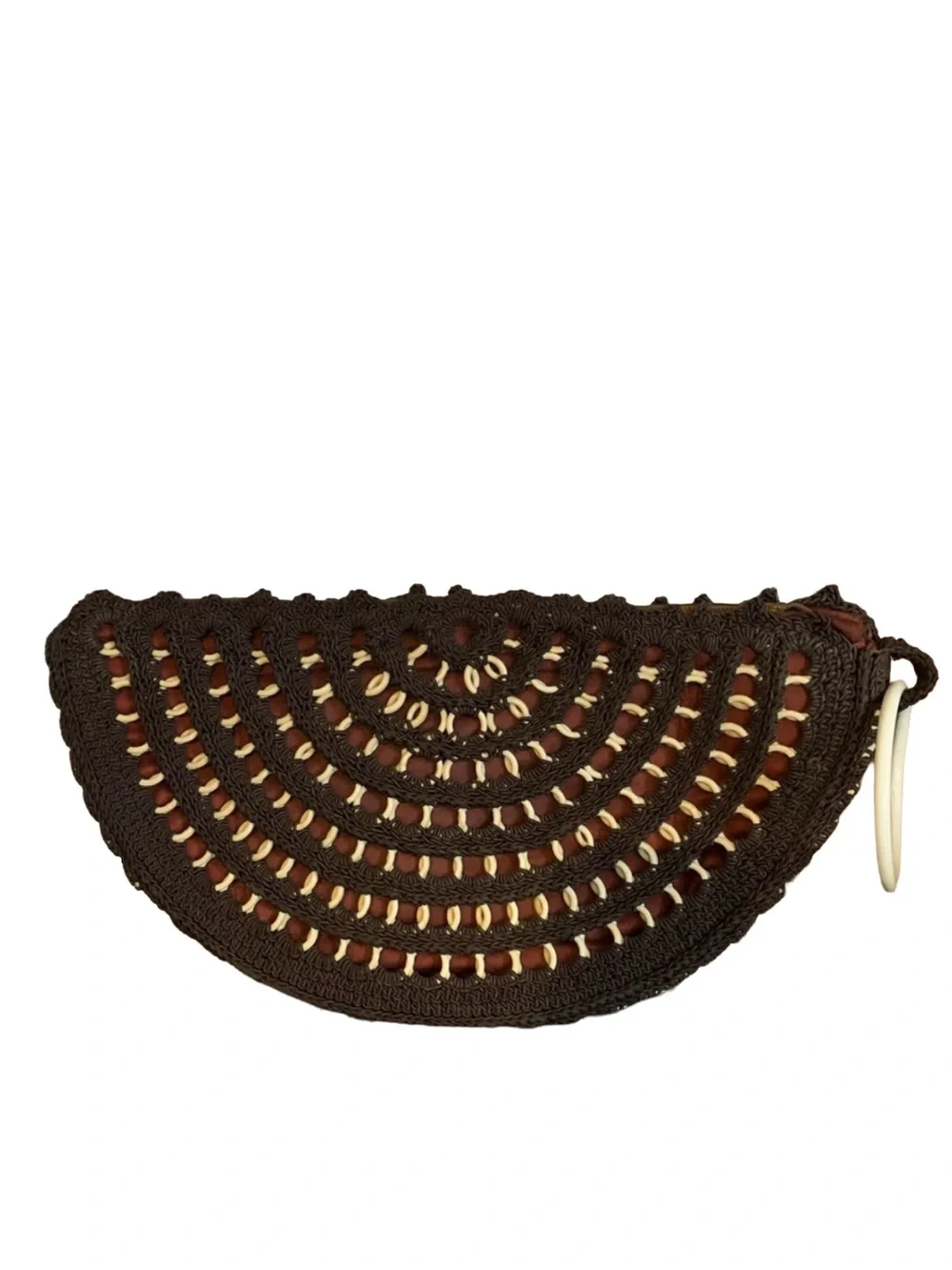 VINTAGE 1970'S BROWN CROCHET MACRAME W/CREAM PLASTIC WRIST BAG/CLUTCH